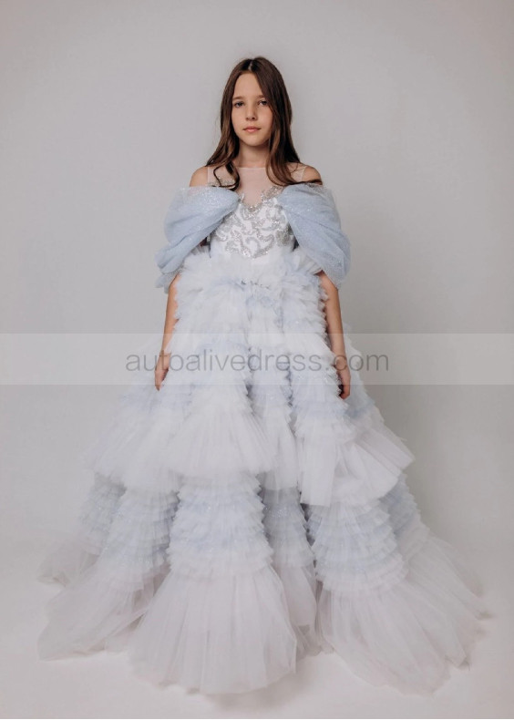 Blue Glitter Tulle Ruffled Flower Girl Dress